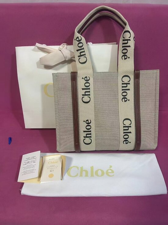 Chloe Handbags - Chloé Woody Medium Tote Canvas Leather Beige Brown Complete Set